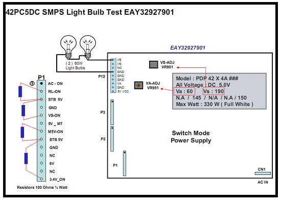 Test plasma tv power supply with light bulb